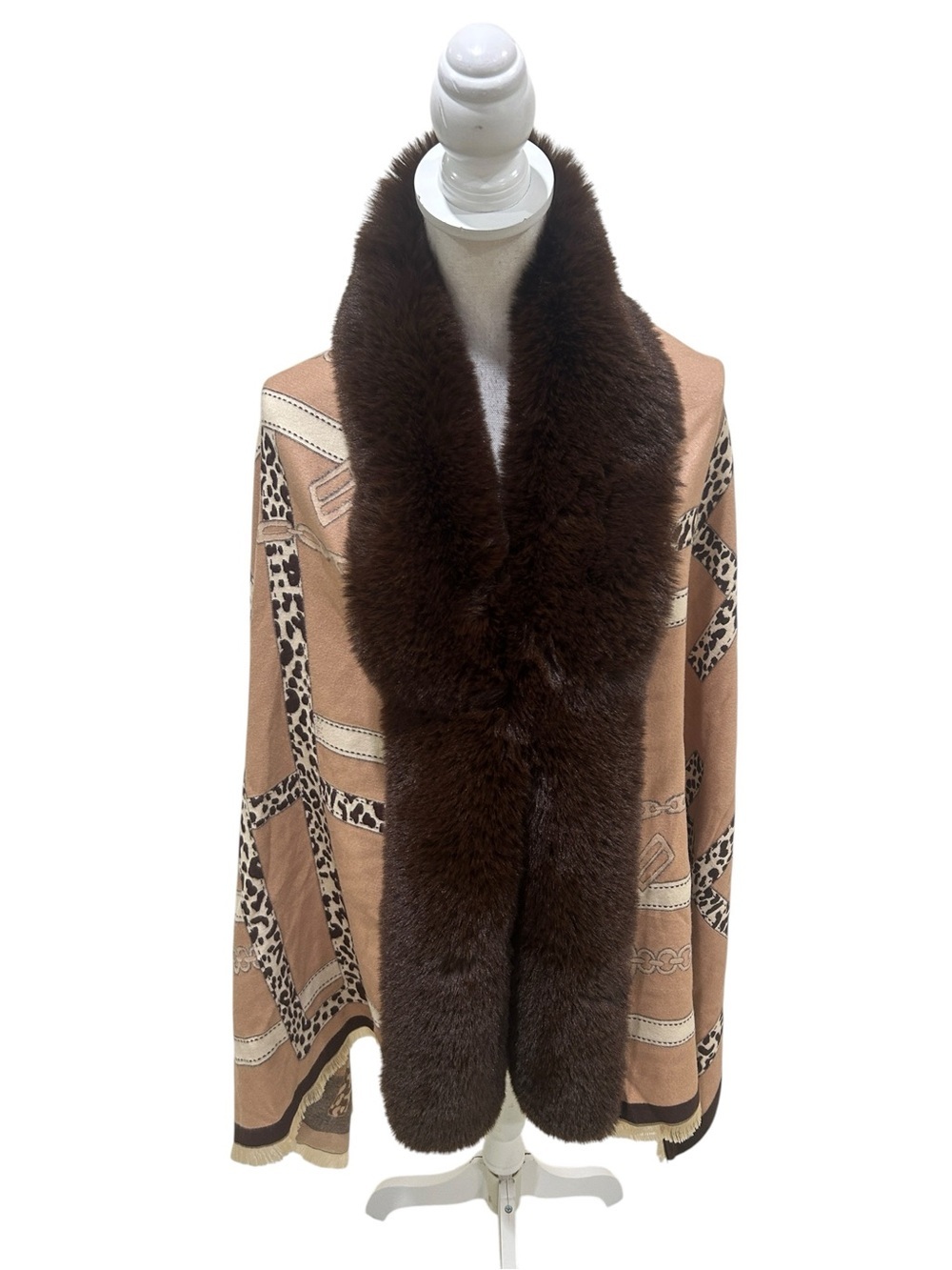 Nwt La Florentina beige brown equestrian animal print cape faux fur trim 1 size